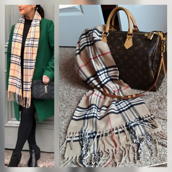 No Brand Accessories - Tan Plaid Fringe Scarf